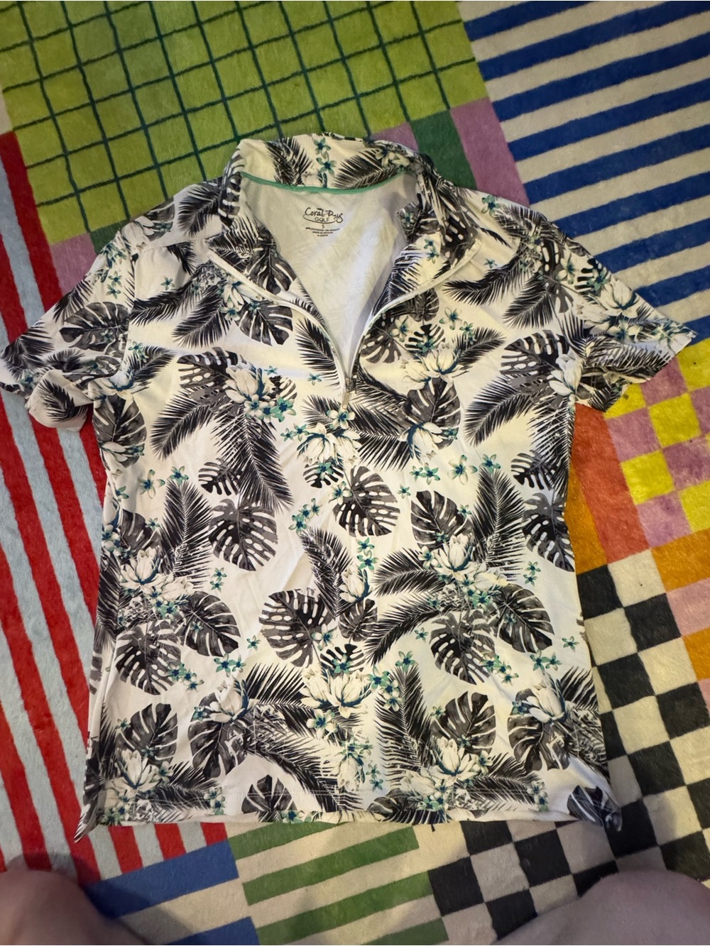 Coral Bay White Tropical Polo with Black Leaf Print and Teal Accents